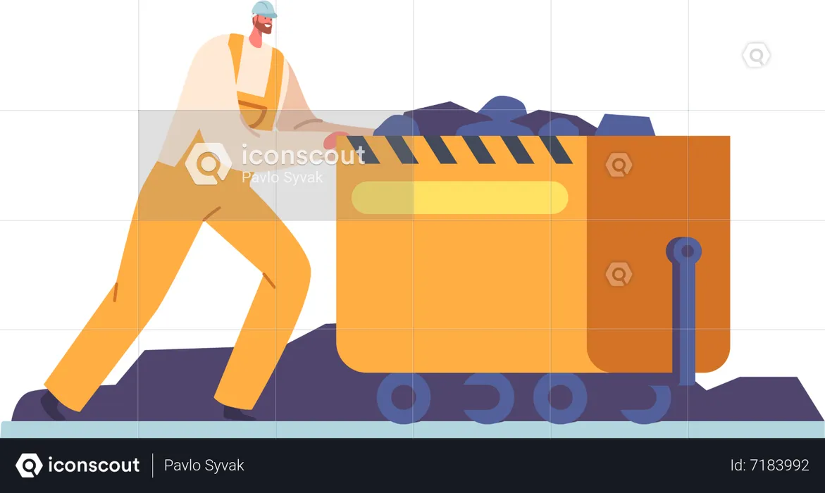 Miner Pushing Wheeled Cart Filled With Coal Minerals  Illustration
