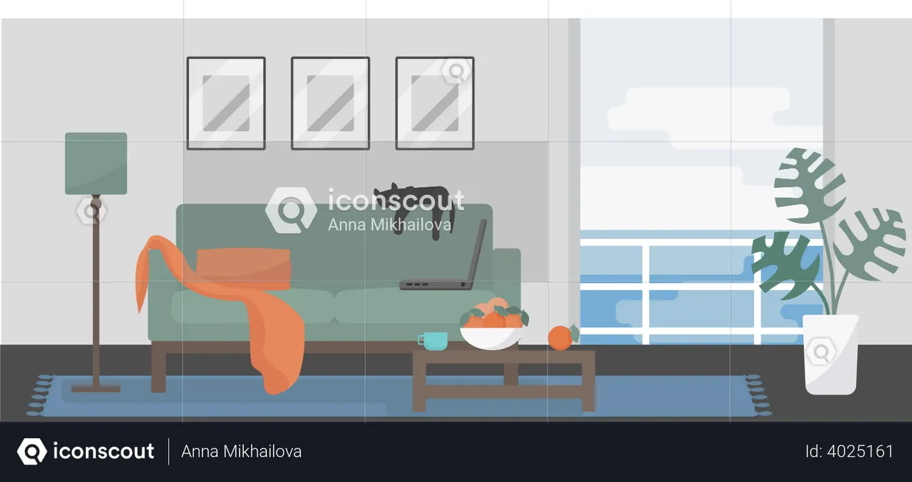 Minimalistic room interior with sea view  Illustration