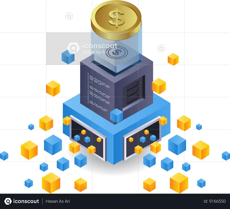 Mining money with blockchain technology  Illustration