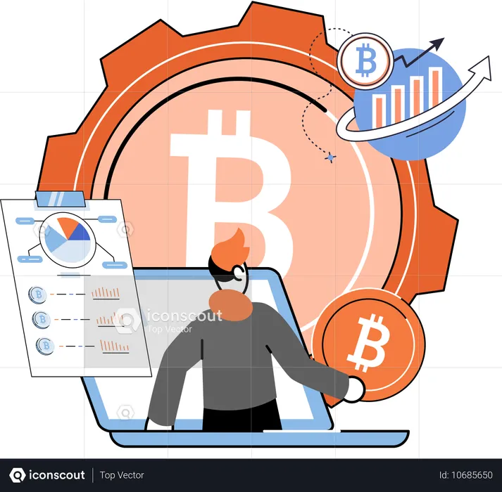 Mitarbeiter arbeitet am Bitcoin-Management  Illustration