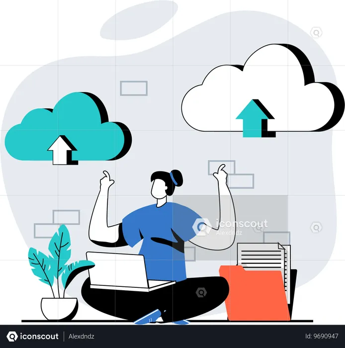 Mitarbeiter arbeitet am Cloud-Upload  Illustration