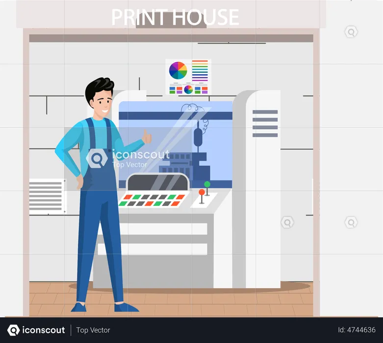 Mitarbeiter bei der Arbeit an einer industriellen Druckmaschine  Illustration