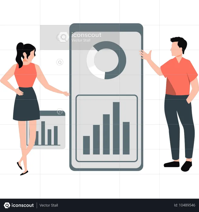 Mitarbeiter diskutieren Kreisdiagramm und Grafik auf dem Handy  Illustration