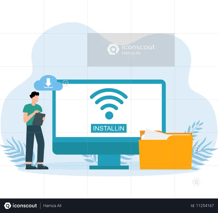 Mitarbeiter nutzt WLAN-Verbindung zum Herunterladen von Ordnern  Illustration