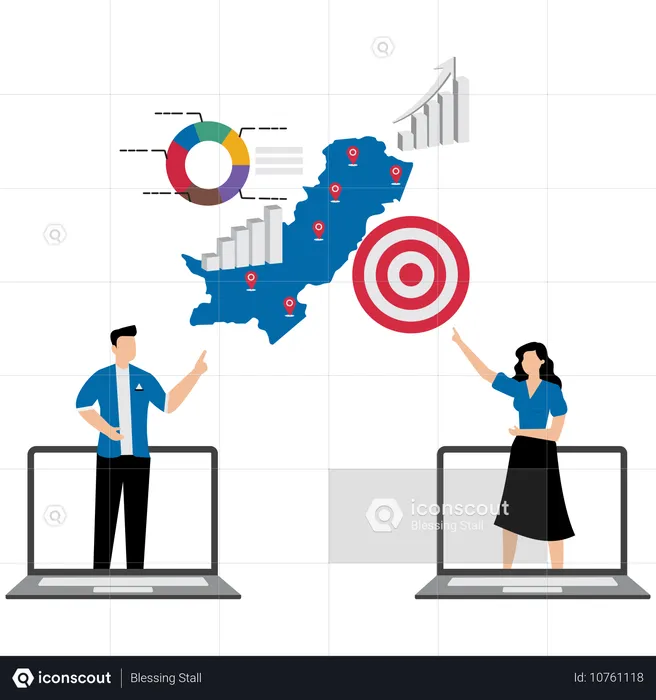 Ein Mitarbeiterteam zielt auf internationale Unternehmen ab, um Gewinne zu erzielen  Illustration