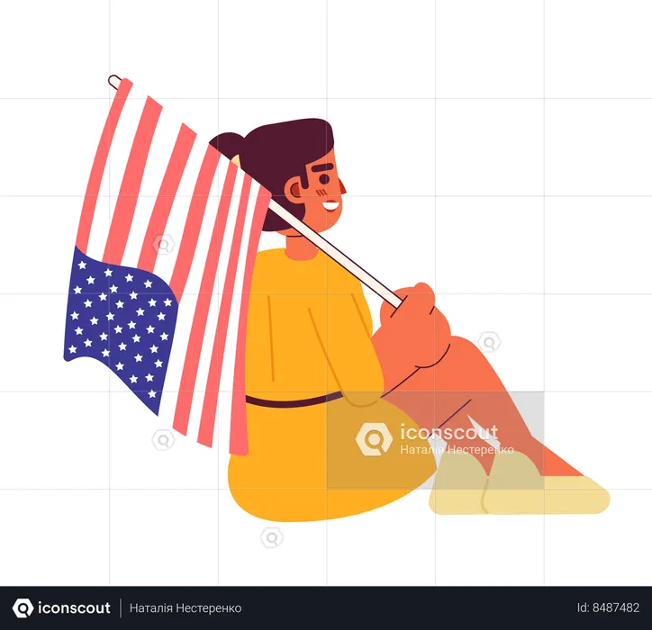 Mixed race girl with american flag sitting  Illustration
