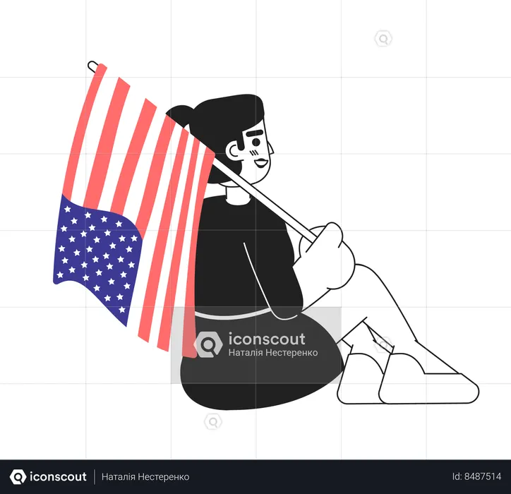 Mixed race girl with american flag sitting  Illustration