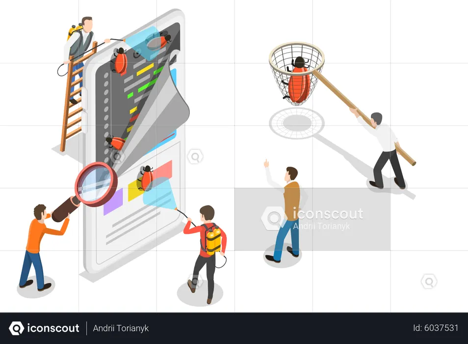 Mobile App Testing, Quality Assurance, Software Development, Searching for Bugs in Code  Illustration