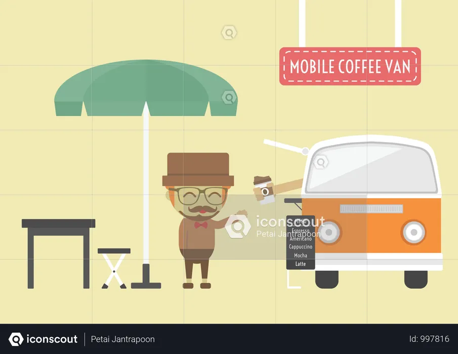 Mobile Coffee Van, Hipster Lifestyle On Street  Illustration