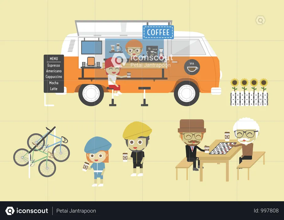 Mobile Coffee Van, Hipster Lifestyle On Street, Paste, Flat Style  Illustration