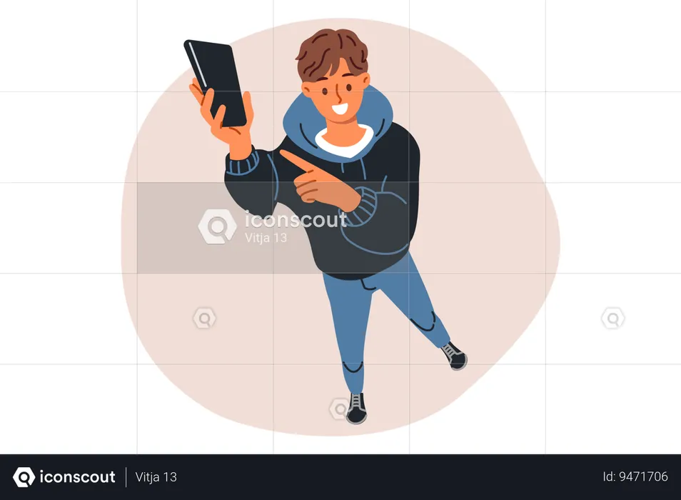 Mobile phone in hands teenage guy holding gadget up and calling him to write SMS  Illustration