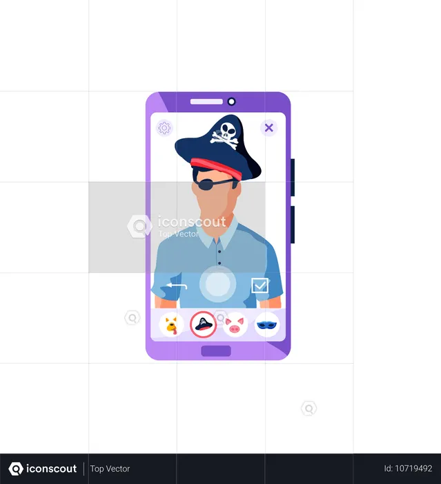 Mobile phone with filters for selfie screen interface application with funny man with pirate mask  Illustration
