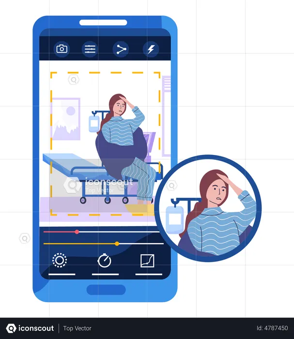 Mobile with photo of sick girl during covid  Illustration