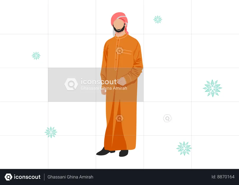 Mode musulmane pour hommes en combinaison rouge et orange  Illustration