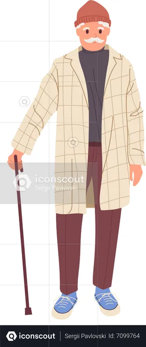 Vieil homme aux cheveux gris, mode tendance, portant un trench élégant  Illustration