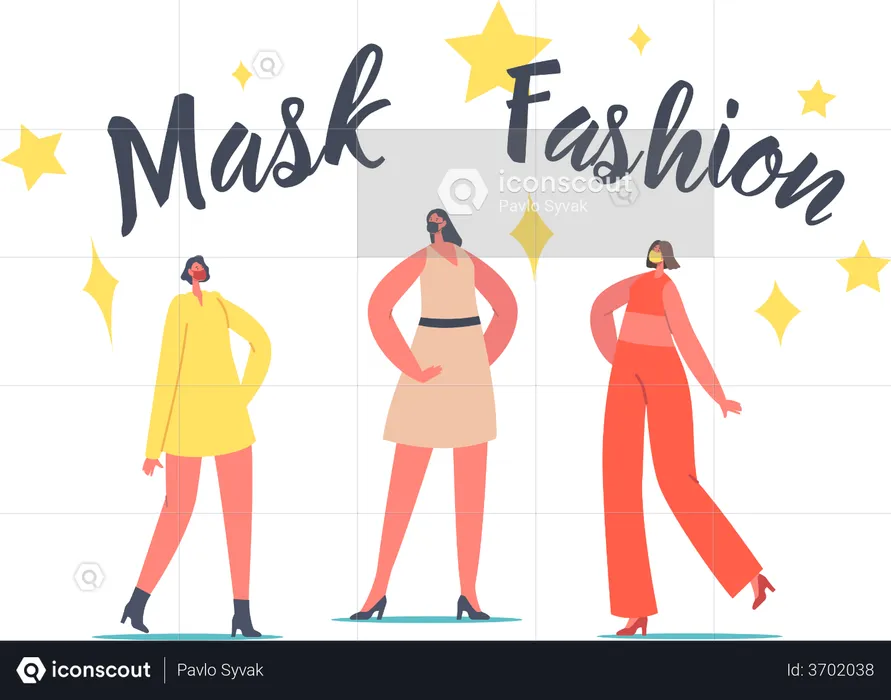 Models Dressed in Protective Stylish Face Masks  Illustration