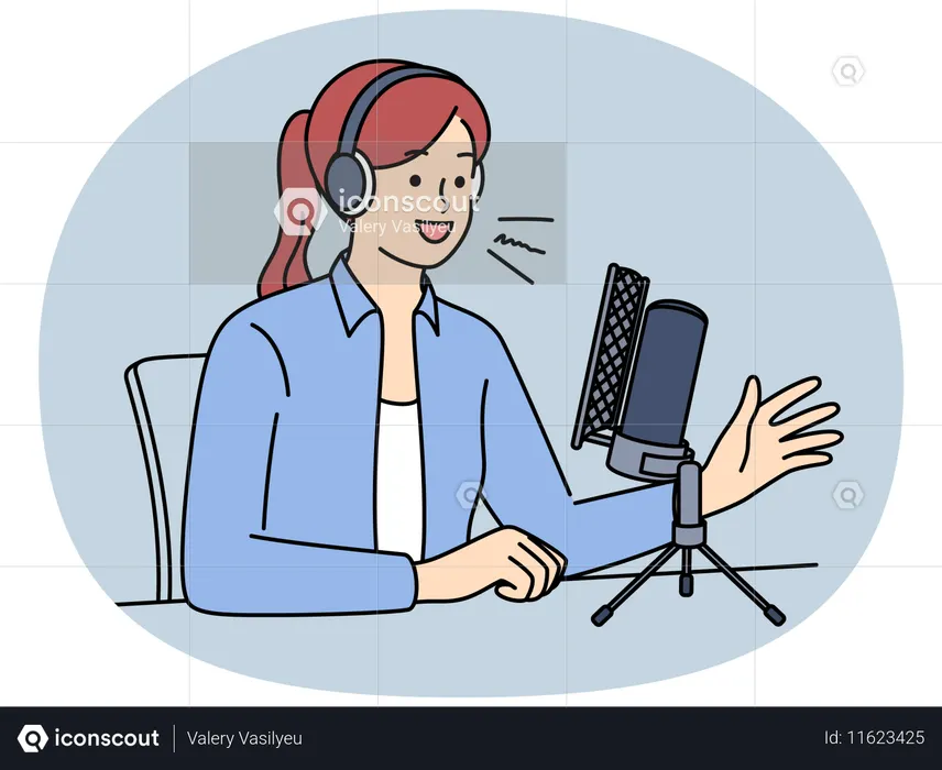 Moderatorin mit Headset spricht ins Mikrofon  Illustration
