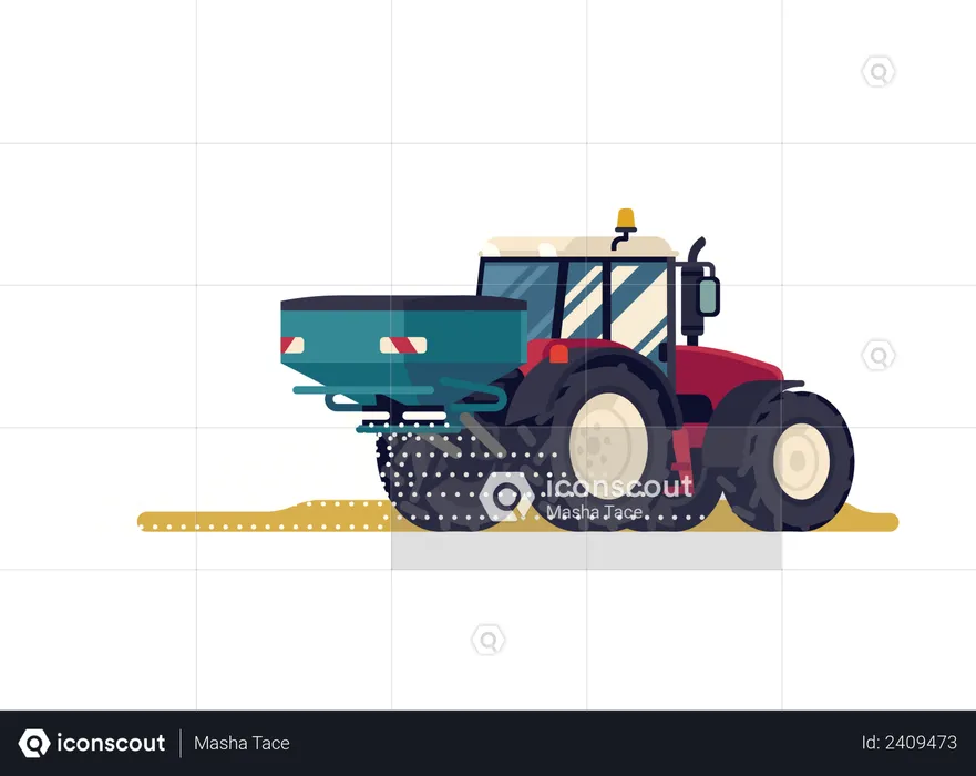 Modern four wheel drive tractor with centrifuge fertilizer spreader or broadcast spreader attachment  Illustration