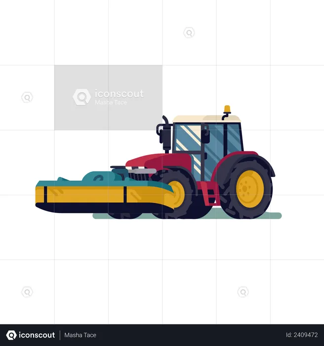 Modern four wheel tractor with front mower attachment in lifted and operating positions  Illustration