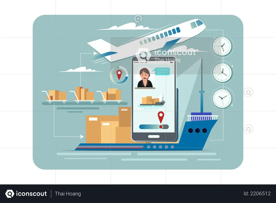 Modern parcel delivery Service via airplane and ship  Illustration