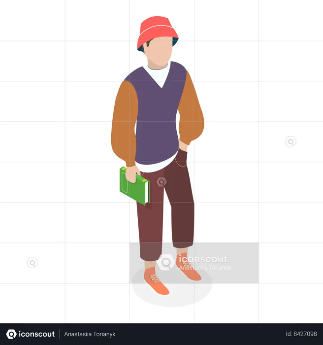 Modern student standing with book in hand  Illustration