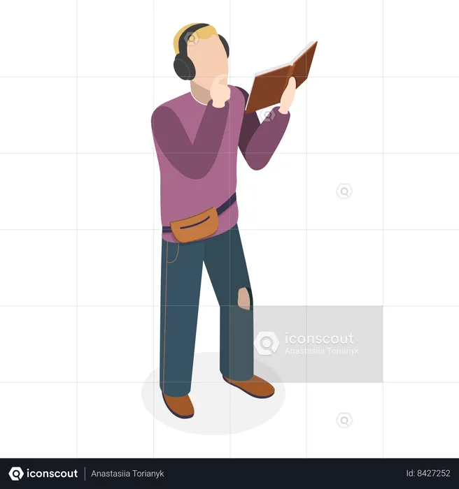 Modern student wearing headphone and reading book  Illustration