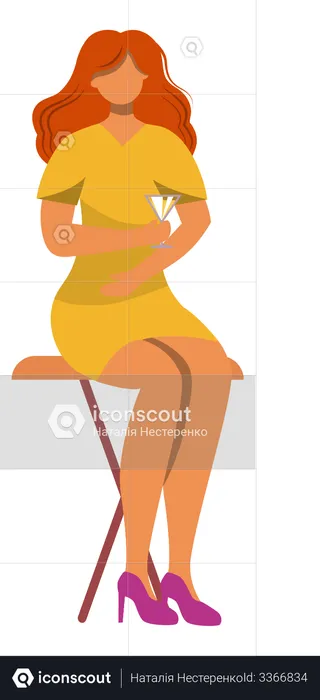 Modest woman with cocktail sitting on chair  Illustration