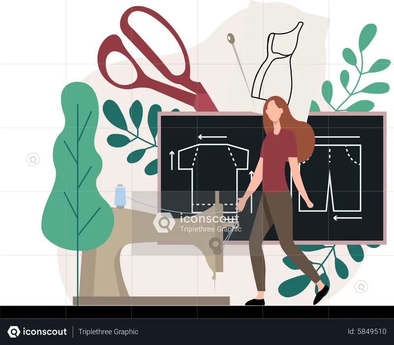 Modista femenina trabajando en vestido  Ilustración