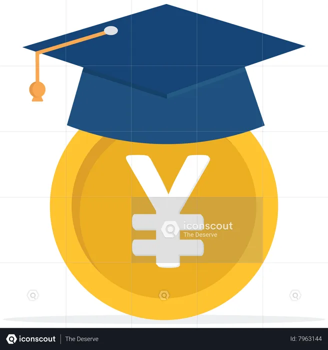 Moeda de dinheiro em ienes com chapéu de formatura e certificado  Ilustração