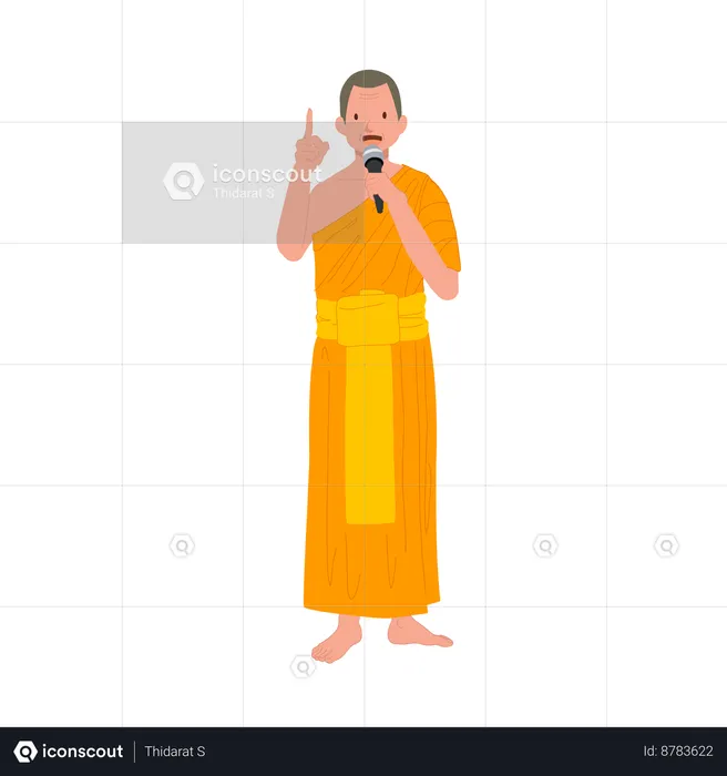 Moine thaïlandais en robes traditionnelles avec microphone parlant et donnant des connaissances sur le bouddhisme  Illustration