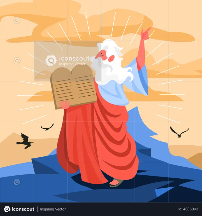 Moisés em pé e segurando os Dez Mandamentos  Ilustração