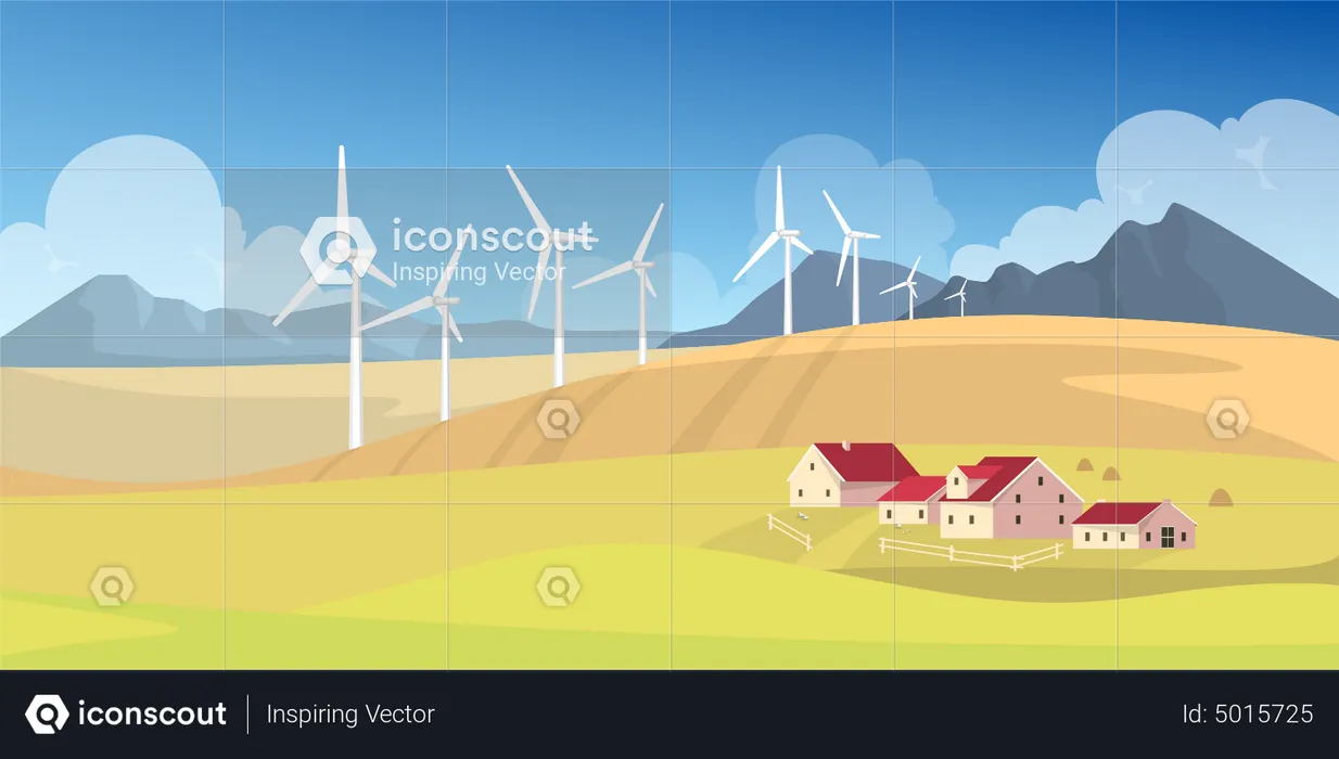 Molino de viento en el campo  Ilustración