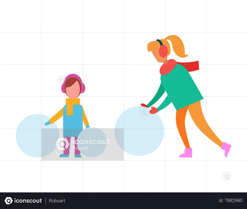 Mom and Child Making Snowman from Huge Snow Balls  Illustration