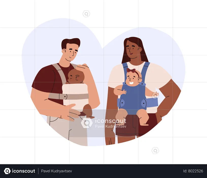 Mom and dad holding babies in sling  Illustration