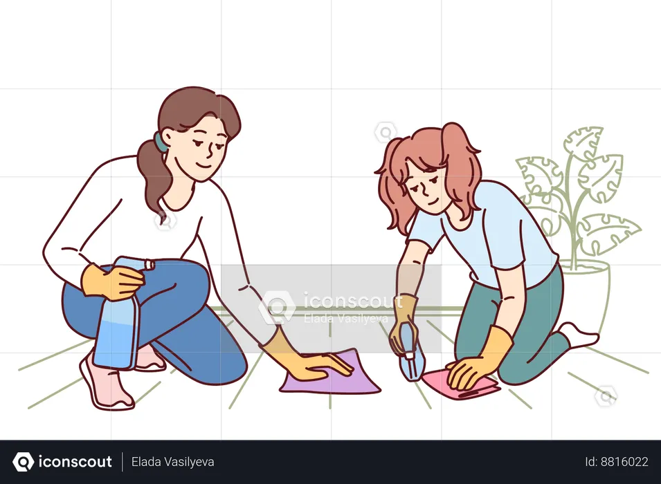 Mom and daughter are cleaning floor together  Illustration