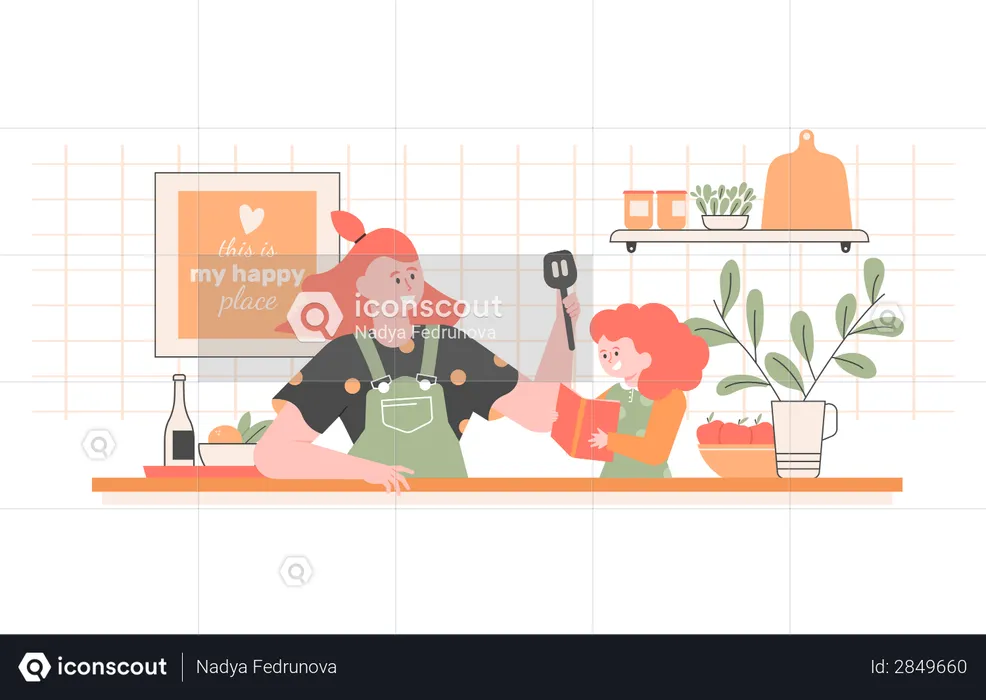 Mom and daughter are cooking together  Illustration
