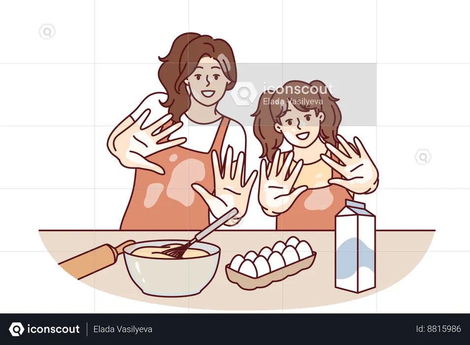 Mom and daughter are preparing cake together  Illustration