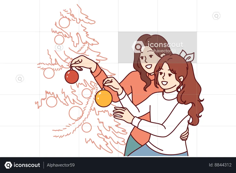 Mom and daughter decorate christmas tree  Illustration