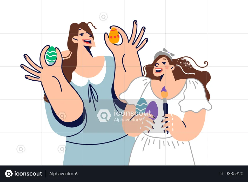 Mom and daughter decorating easter eggs  Illustration