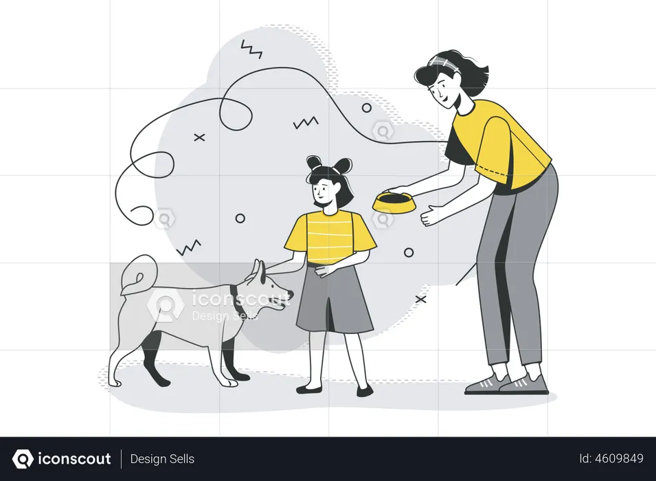 Mom And Daughter Feed Dog  Illustration