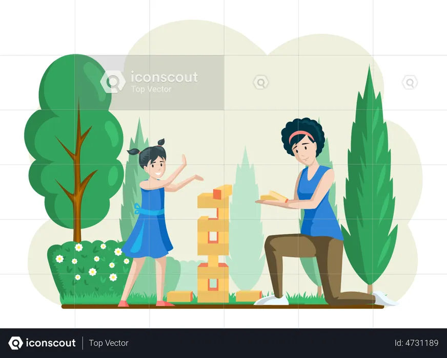 Mom and daughter playing jenga together in garden  Illustration