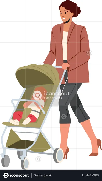 Mom and Little Baby in Stroller Walk Together  Illustration