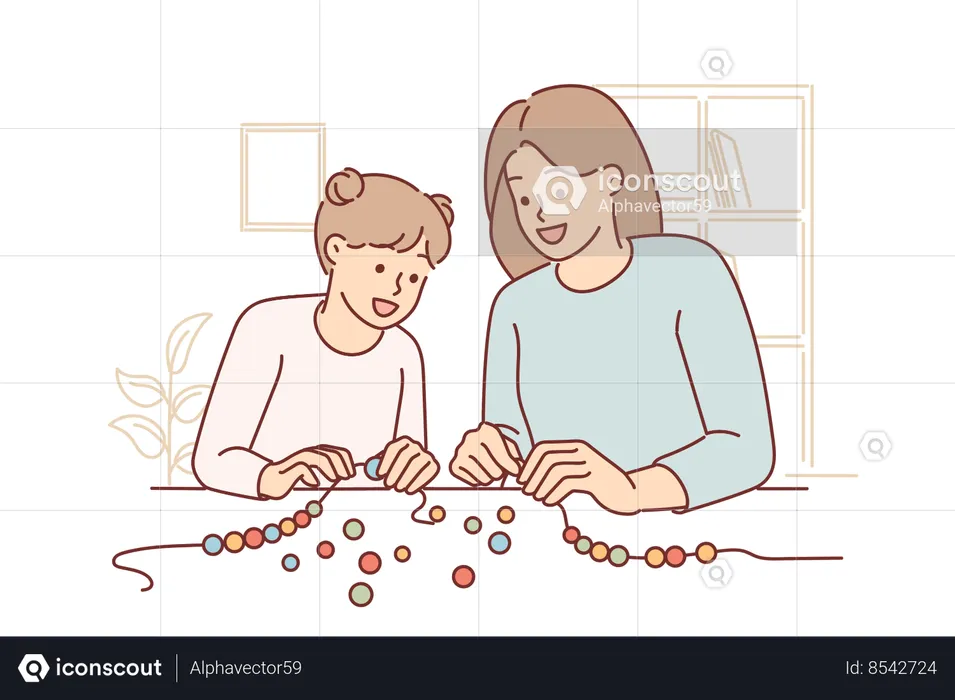 Mom and little daughter together make DIY bead bracelet  Illustration