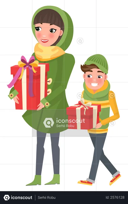 Mom and son doing christmas shopping  Illustration