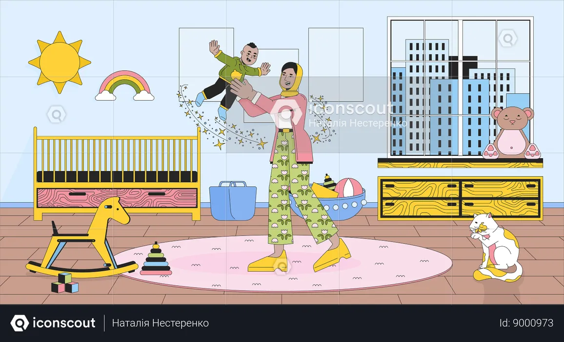 Mom playing baby in nursery  Illustration