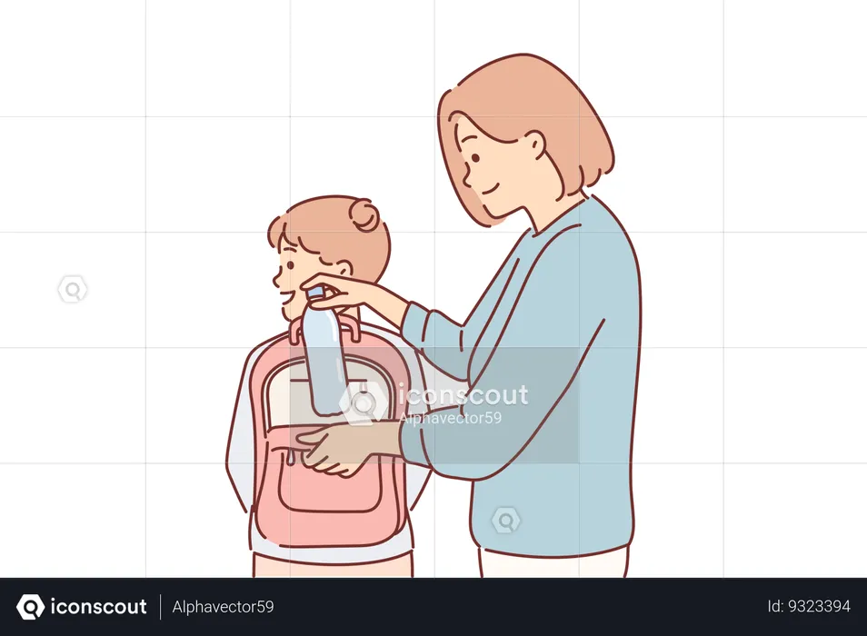 Mom puts bottle of water in daughter school backpack  Illustration