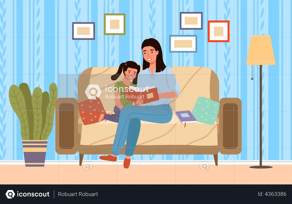 Mom reading tale to little daughter  Illustration