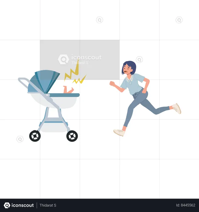 Mom Running to Crying Baby in Stroller  Illustration