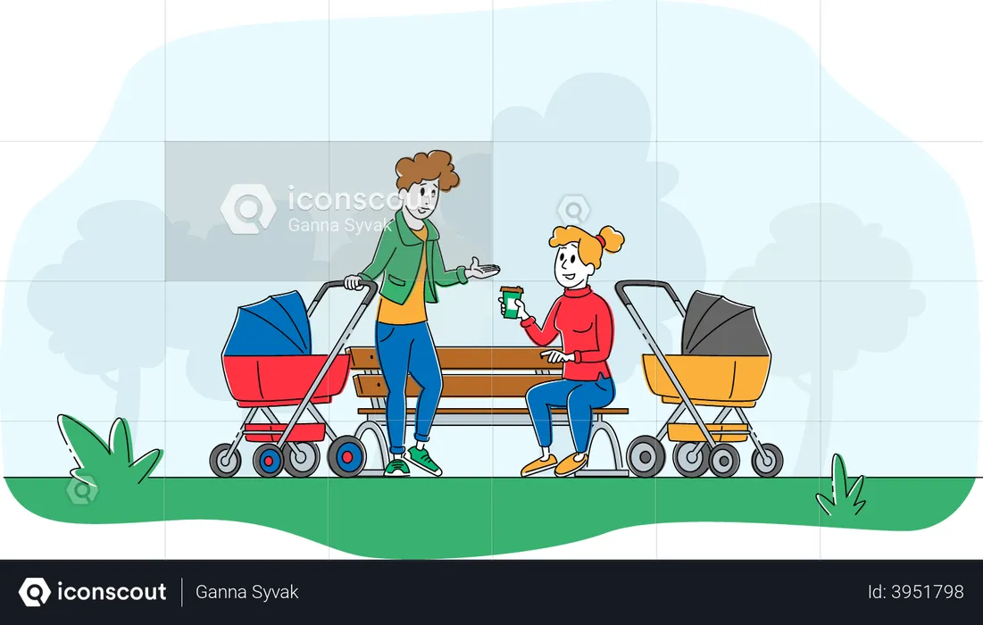Mom with Baby Stroller Meeting Friends  Illustration