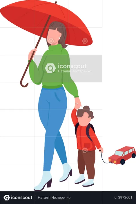 Mom with kid on rain walk  Illustration